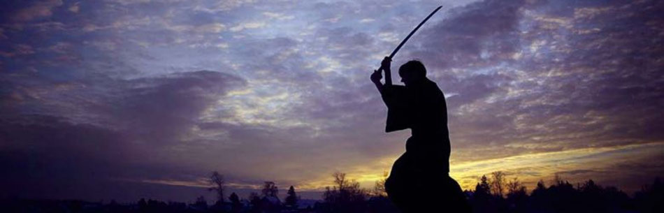 artista marziale al tramonto che si allena con la katana