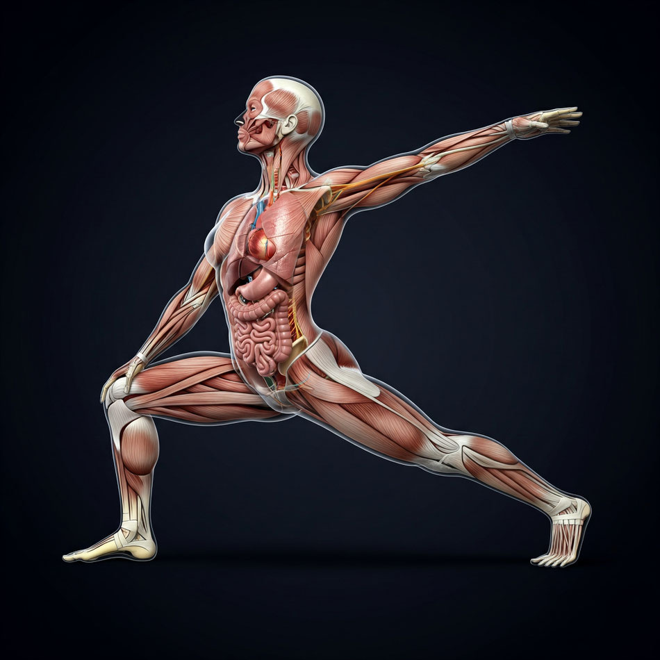 Illustrazione scientifica del corpo umano in posizione yoga dinamica