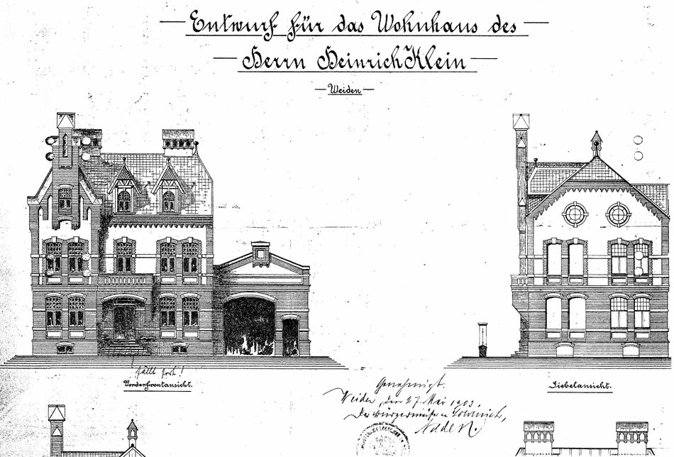 Entwurfszeichnung von Johann Klein zum Bauantrag vom 27. Mai 1903. Genehmigt von Bürgermeister Nolden. Quelle: Bauakte.