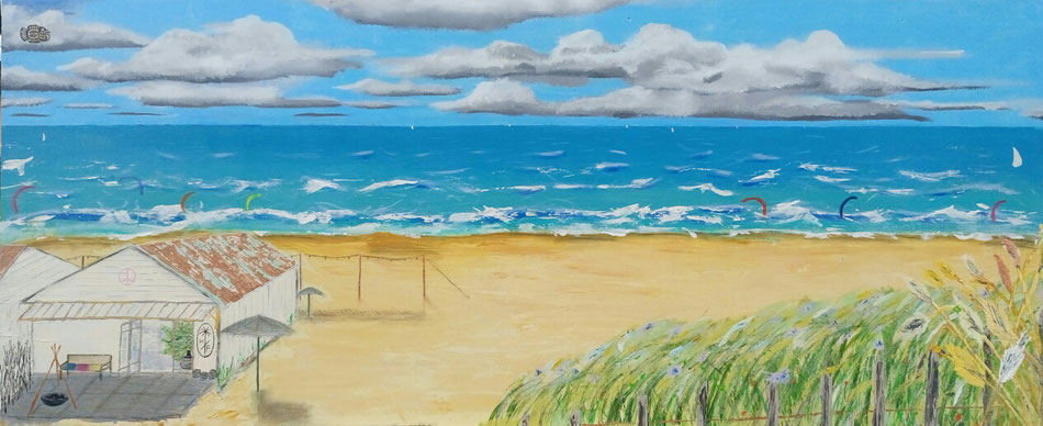 "happy place at Hippie Fish" - Acryl/Öl/Kreiden auf Holz (220 x 95) 🔴