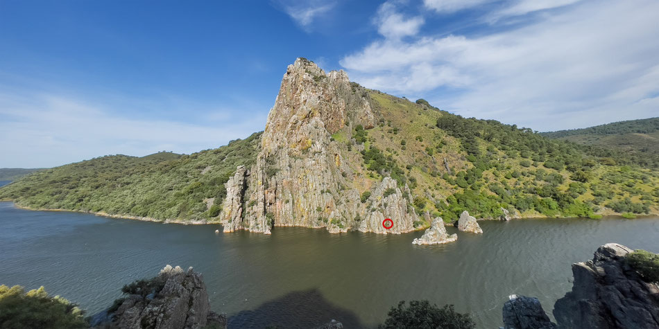 Blick vom Beobachtungspunkt Salto del Gitano auf die imposante, rund 300m zum Tajo-Fluss abfallende Felswand Peña Falcón. 