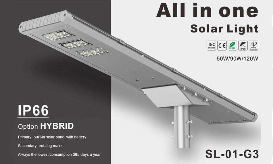 Hybrid LED luminaires with built-in solar panel, primarily burns on its own voltage on internal battery, BBM Ledproducts