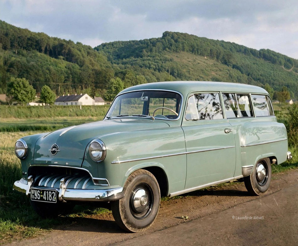 Opel Olympia Rekord 1953 erscheint ein völlig neuer Olympia, der Olympia Rekord. Die Pontonkarosserie und der, von US-Autos inspirierte Haifisch-Kühlergrill, sind in den frühen 50ern topmodisch. Das Auto fuhr damals ein Lauenförder Bürger.