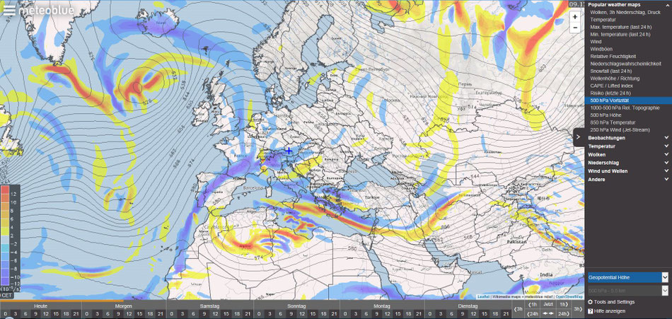 05Keil/Trog  (POPULAR WEATHER) -> 500 hPa Vortizität -> Geopotentiale Höhe