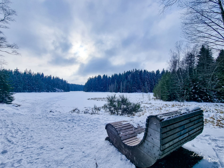 Der winterliche Vogtlandsee liegt nur 2,5 km vom Stellplatz entfernt. Im Sommer lädt er zum Baden ein.