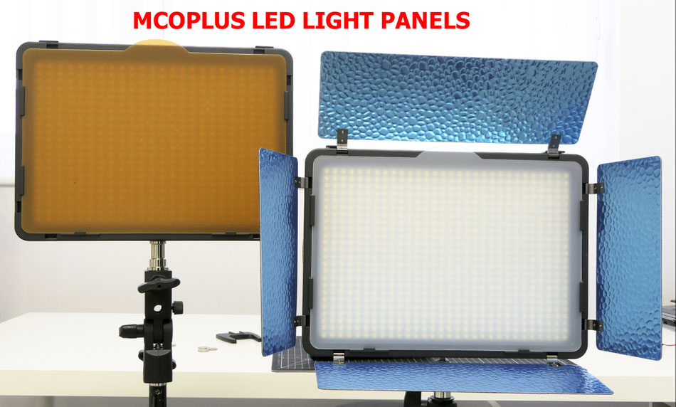 Mcoplus LED Light panels, the 520A and 720A (protective polythene not removed from the silvered barn doors!)