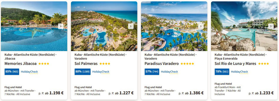 Kuba Badeurlaub all inclusive Varadero mit Flug z.B. Hotel Blue, Memories Jibacoa, Paradisus, Iberostar Hotels und Havanna Cityhotel 2025