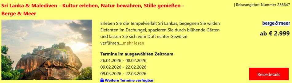 Sri Lanka Rundreise und Baden Malediven mit Flug ab 2.999,-€ Berge & Meer Gruppenreise 2025 Frühbucher 2026