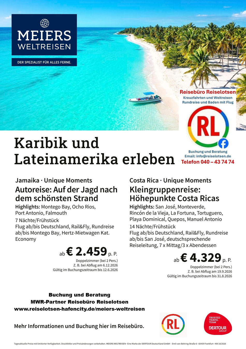 Rundreise Jamaika Autoreise 1 Woche incl. Flug ab Deutschland - Kleingruppenreise Costa Rica 2-Wochen inkl. Flug - Meiers Weltreisen by Reisebüro Reiselotsen Hafencity Hamburg