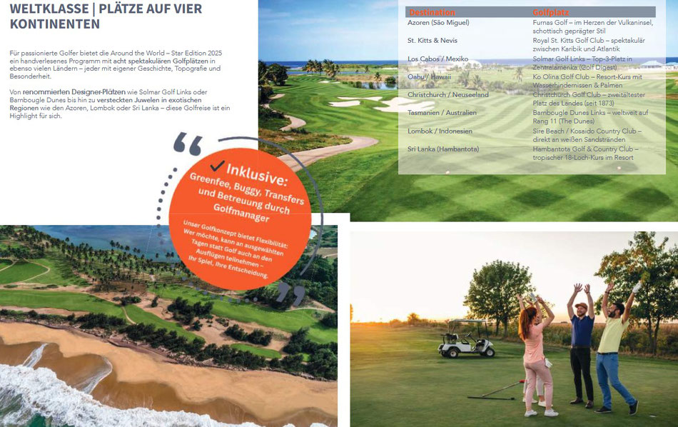 Golf spielen während Weltreise - Golfplätze der Weltklasse auf vier Kontinenten – exklusive Auswahl an acht internationalen Top-Plätzen der Around the World – Star Edition 2025