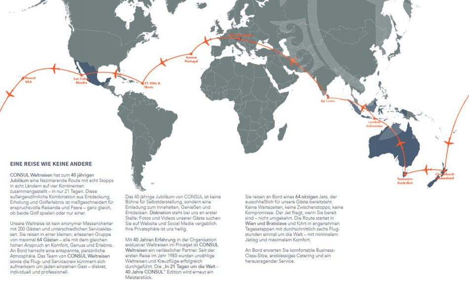 Weltreise per Flugzeig 2025 im Privatjet für 21 Tage - Route ab Wien - Azoren - Karibik - Mexico - Hawaii - Neuseeland - Tasmanien/Australien - Lpmbok/Indonesien - Sri lanka - Wien