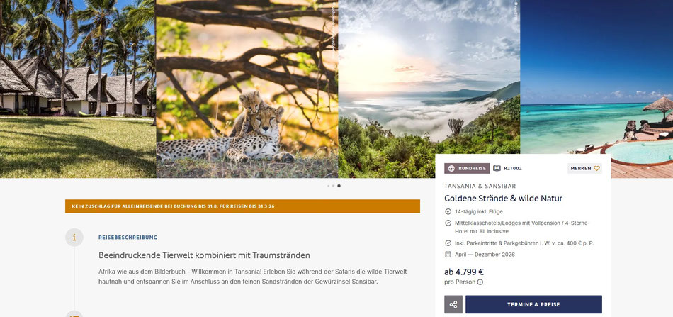 Rundreise Tansania und Sansibar - Safari und Baden inklusive Flug von Berge & Meer beim Fernreisebüro Reiselotsen günstig buchen