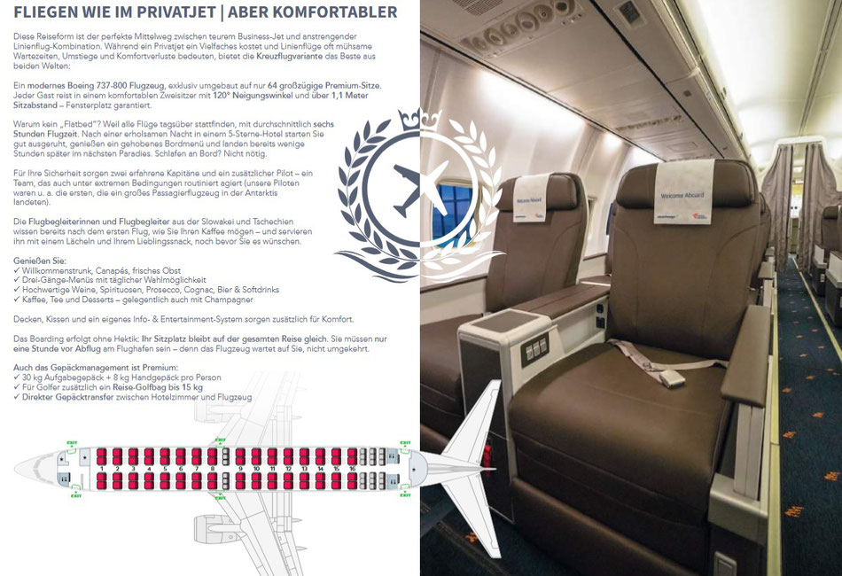 Weltreise fliegen wie im Privatjet 64 großzügige Premium-Sitze, komfortable Zweisitzer mit 120 Grad Neigungswinkel und über 110 cm Sitzabstand - Fensterplatz garantiert Buchung Reisebüro Reiselotsen by Olaf Diroll
