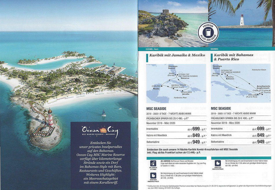 MSC Seaside Kombi-Kreuzfahrten 2 Wochen av 2.449,- € MSC Karibik Kreuzfahrt ab/bis Miami Florida incl. Linienflug ab Frankfurt mit alles inklusive Getränkepaket  Frühbucher-Angebot