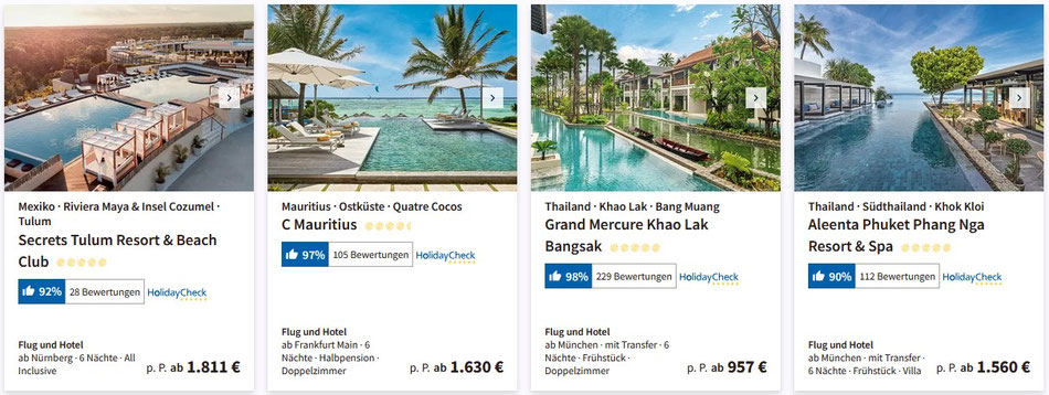 Meiers Fernreise Deals 2026-2027 - das Bild zeigt Frühbucher Angebote Mexico, Mauritius und Khao Lak in Südthailand incl. Fluganreise