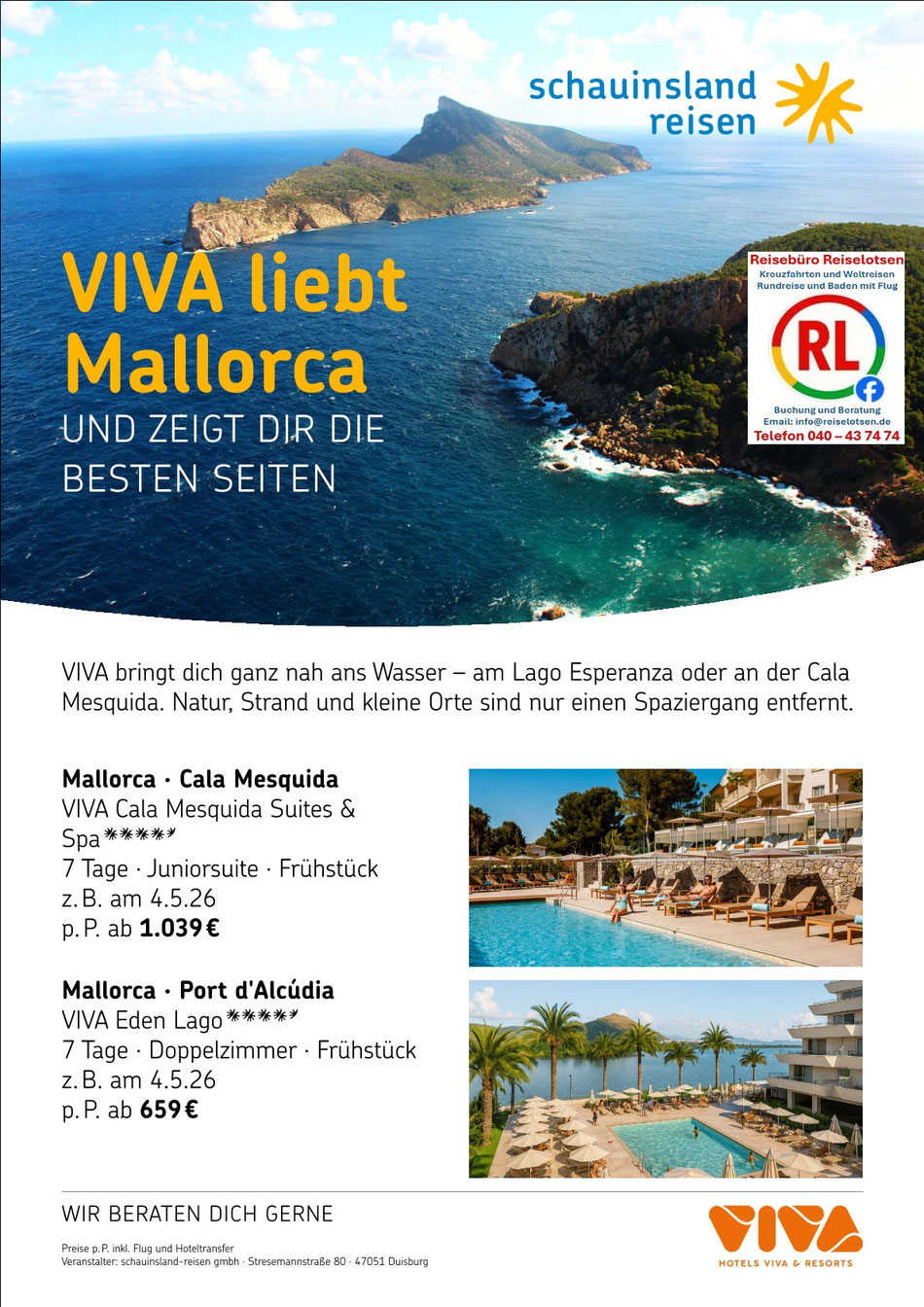 Mallorca Urlaub VIVA Hotel Cala Mesquida Suites & VIVA Eden Lago mit Flug 2026 - Mallorca Pauschalreise von Schauinsland Reisen by Reisebüro Reiselotsen