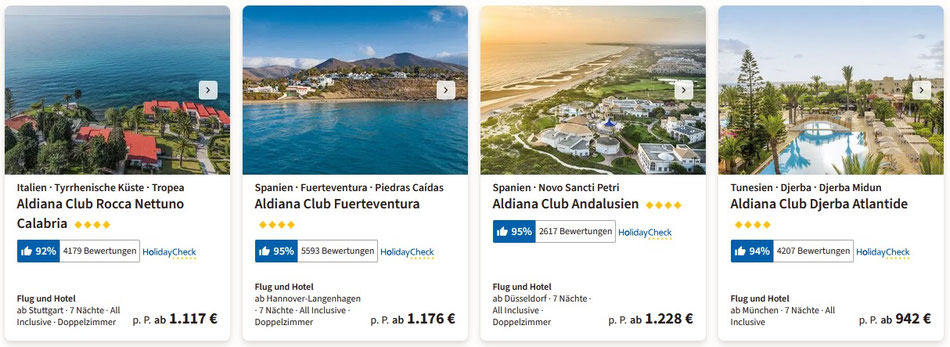 Clubreise Aldiana Club mit Flug als sichere Pauschalreise - Aldiana Club Rocca Nettuno, Club Fuerteventura, Aldiana Cluburlaub Andalusien und Club Djerba Atlantide 2026-2027