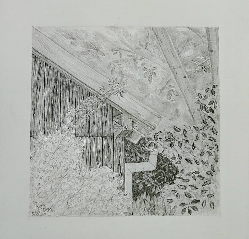 Gartenhaus unterm Walnussbaum, Bleistift auf Clairfontaine On Multitechnik Papier, 29,7 cm x 42 cm