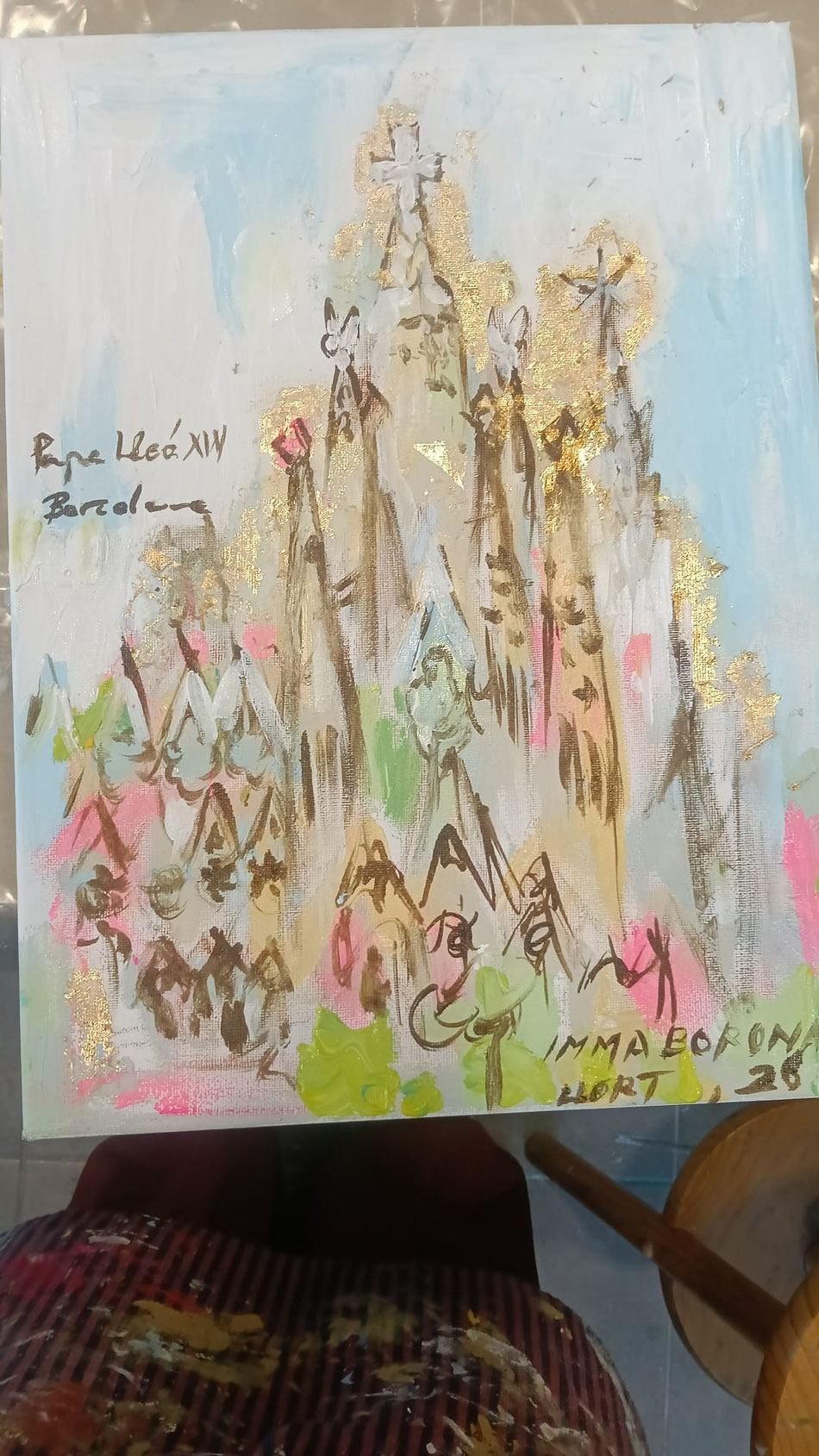 Sagrada Família. Papa Lleó XIV . 30X40 Mixta sobre tela. Pa d'or.