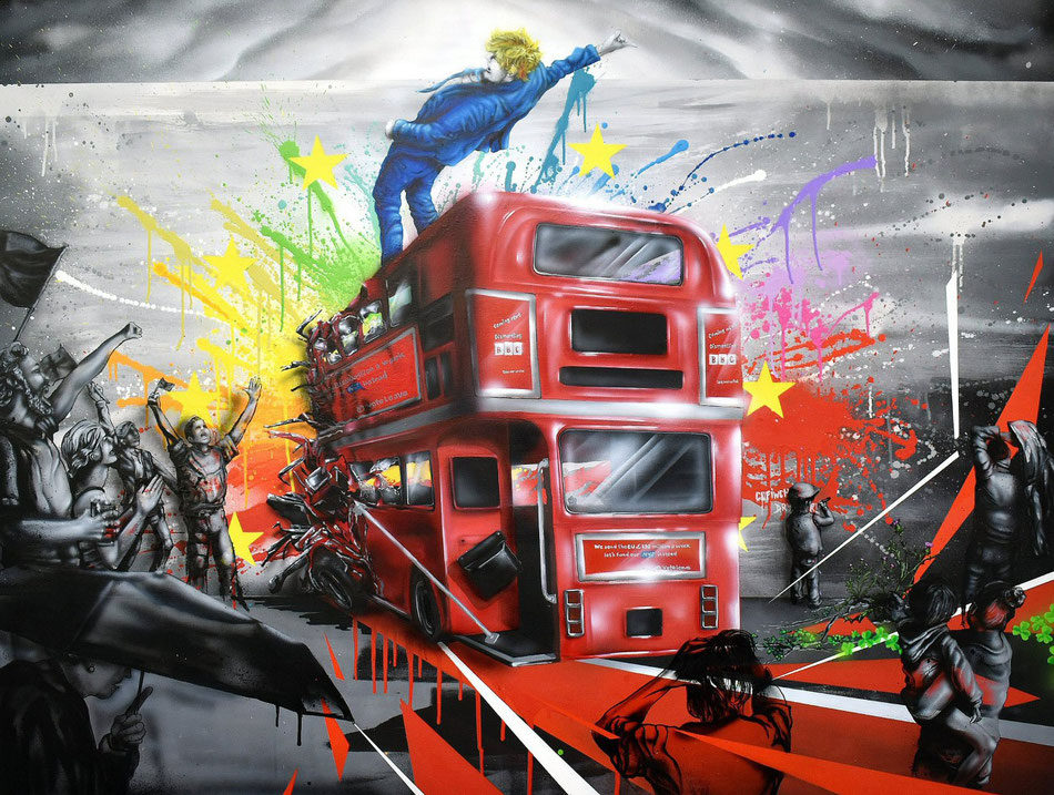 Brexit Bojo poses on a red london bus after ramming it against the wall with the EU-stars. While his fans celebrate him freneticly the splintered Union Jack marks Johnsons way. A little boy writes Cofiwch Dryweryn on the wall. Scottish thistles and Irish 