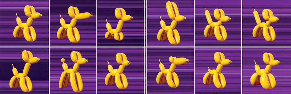 Modifications dans le développement représentées par des "balloon dogs" de formes et de tailles différentes. Les modèles d'expression des gènes, sont représentés par des cartes thermiques (bandes violettes plus ou moins soutenues).