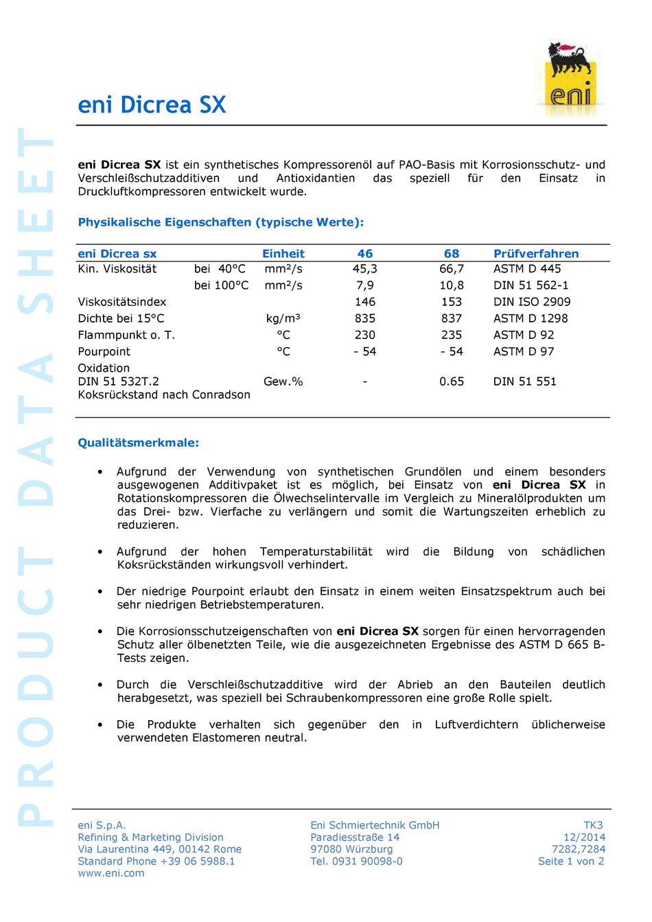 Bild: Produktdatenblatt eni / agip Dicrea SX 46 Datenblatt Seite 1