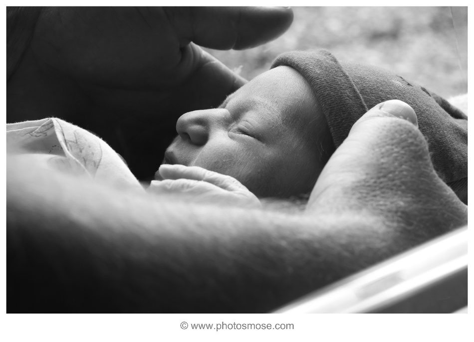 Nouveau né dans les mains de son papa à la maternité