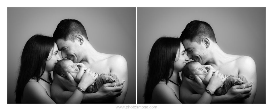 Portrait de famille avec Nouveau Né en Noir en Blanc à Moulins chez Phot'Osmose