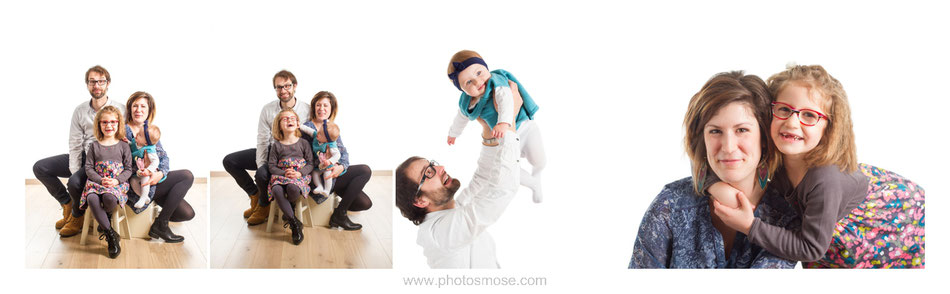 Photos de famille sur fond blanc avec parquet dans le studio Phot'Osmose