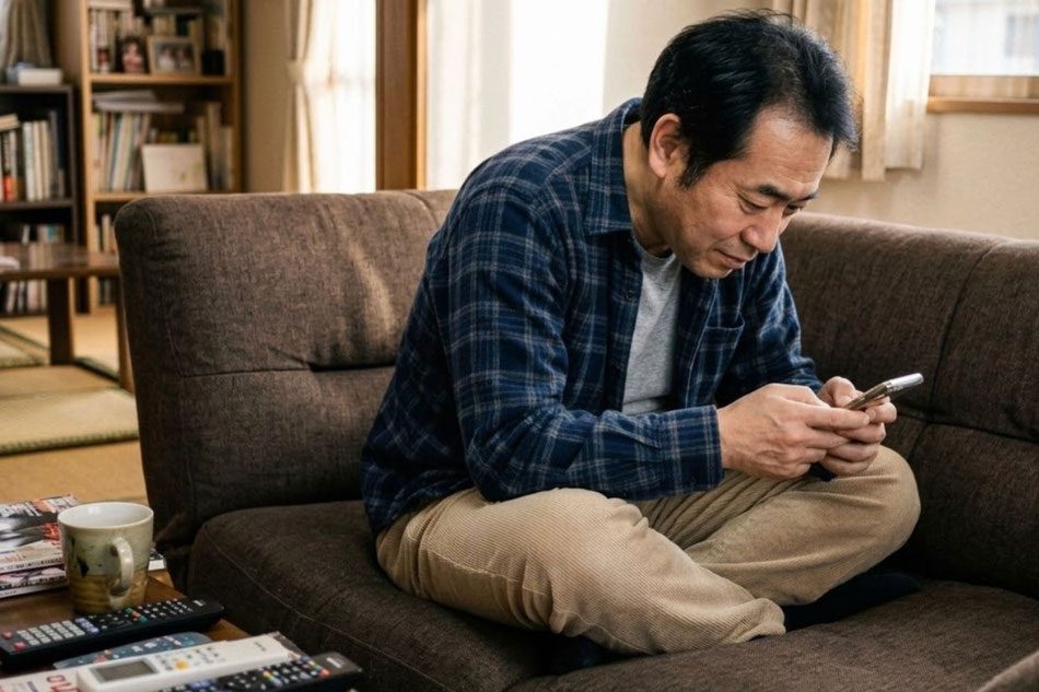 スマートフォンを見るときに猫背になってしまう中高年男性の姿勢の例