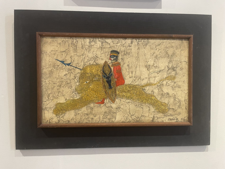 Henri Hecht Maïk (1922-1993) le chasseur, 1965 huile sur isorel, signée et datée,  28 x 47 cm  expose à la galerie agnes thiebault Paris