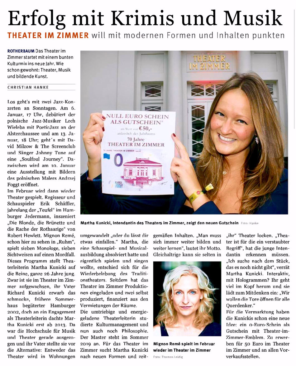 Theater im Zimmer Hamburg - Presseartikel im Hamburger Wochenblatt