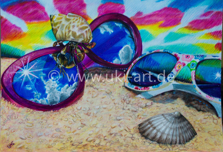 Sunglasses, Colored pencil painting DIN A3, reference photo by Sally Robertson