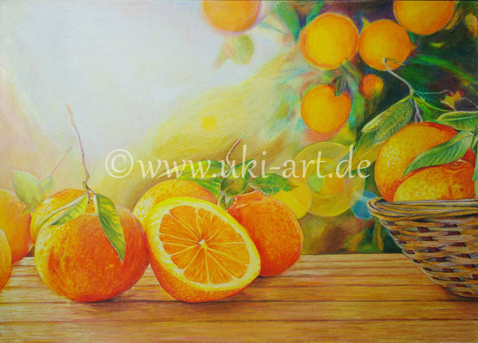 Coloured Pencil Painting, DIN A 3 - Stillleben mit Mandarinen