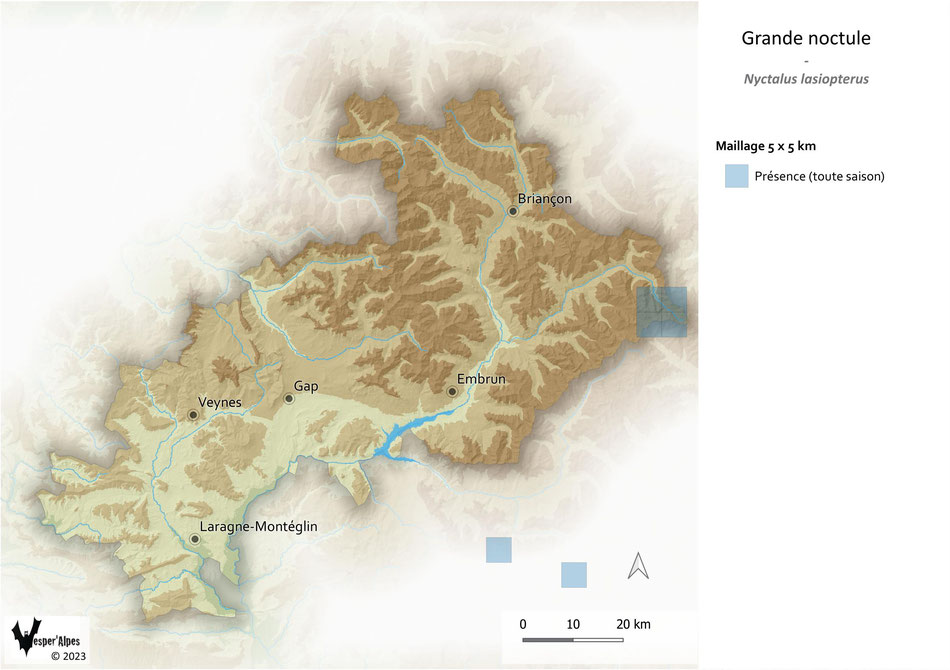 Répartition de la Grande noctule dans les Hautes-Alpes