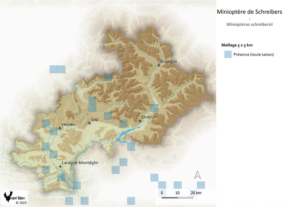 Répartition du Minioptère de Schreibers dans les Hautes-Alpes