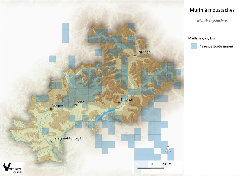 Répartition du Murin à moustaches dans les Hautes-Alpes