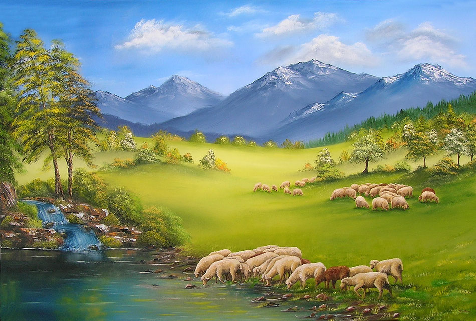 Auf grünen Auen - Schafe - Landschaft mit Bergen - Ölgemälde - Kunst