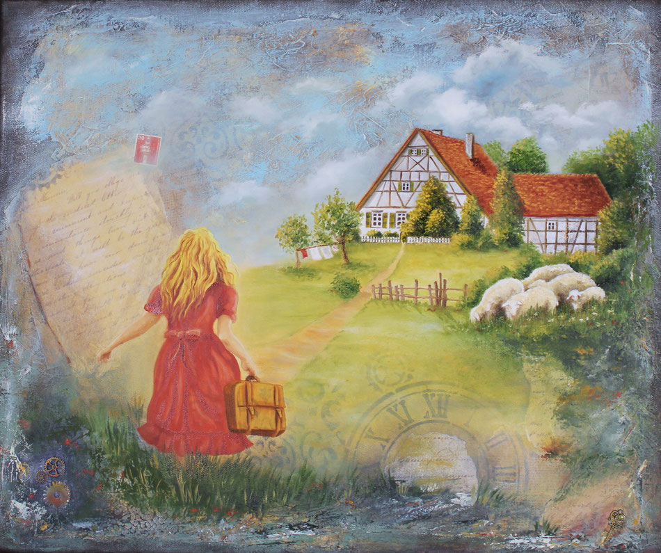 Mädchen mit Koffer - Fachwerkhaus - Ölgemälde - Kunst - Mixed-Media