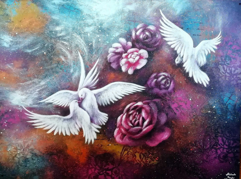 Boten des Friedens - Tauben - Rosen - Acryl - Gemälde - Kunst