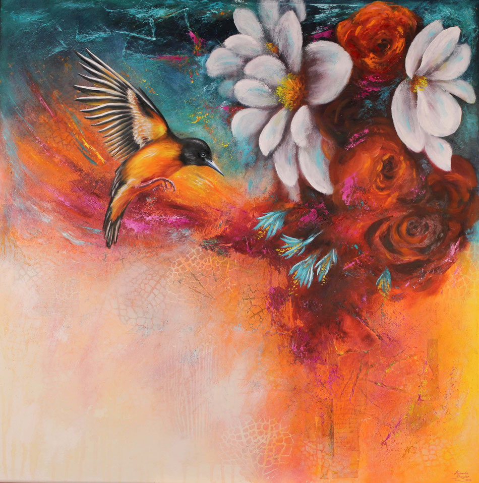 Kunst - Gemälde - abstrakt-realistisch - Vogel - Blüten