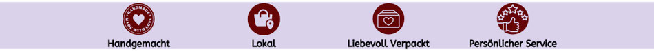Vier Symbole: Handgemacht, Lokal, Liebevoll Verpackt, Persönlicher Service. Symbole sind rot auf lila Hintergrund mit Text darunter.
