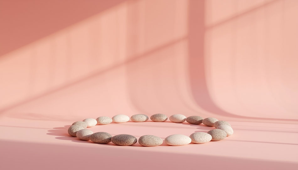 kreis aus weißen steinen vor einem pastellrosa Hintergrund mit sanftem Schatten und weichem licht