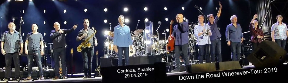 Mark Knopfler Tour 2019 Band Mitglieder Jim Cox, John McCusker, Mike McGoldrick., Graeme Blevins (neu dabei: Saxofon), Glenn Worf, Mark Knopfler,  Tom Walsh (neu dabei: Trompete) , Ian Thomas , Danny Cummings, Richard Bennett, Guy Fletcher