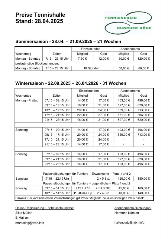 Preise Tennishalle 2024/2025 Tennisverein Buocher Höhe e.V.
