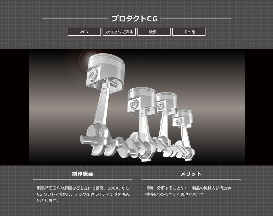 プロダクトCG　WEB、カタログ/紙媒体、映像、その他　制作概要　製品断面図や分解図などを立体で表現。３DCADから CGソフトで着色し、アングルやライティングを決め、 出力します。　メリット　切断・分解することなく、製品の機械内部構造や 機構をわかりやすく表現できます。