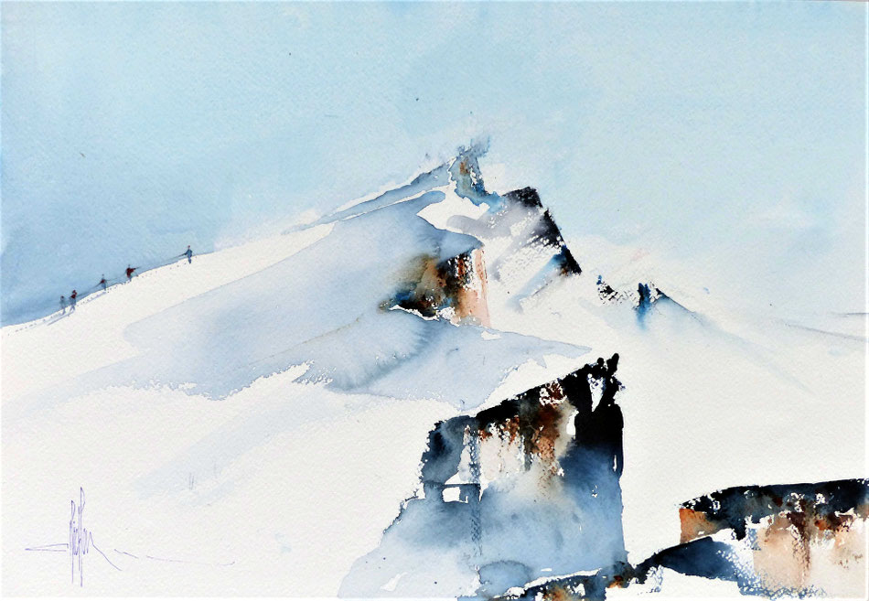 399 Ascension II - 2018 - Aquarelle 35.5 x 51 sur papier collé sur médium 50 x 70