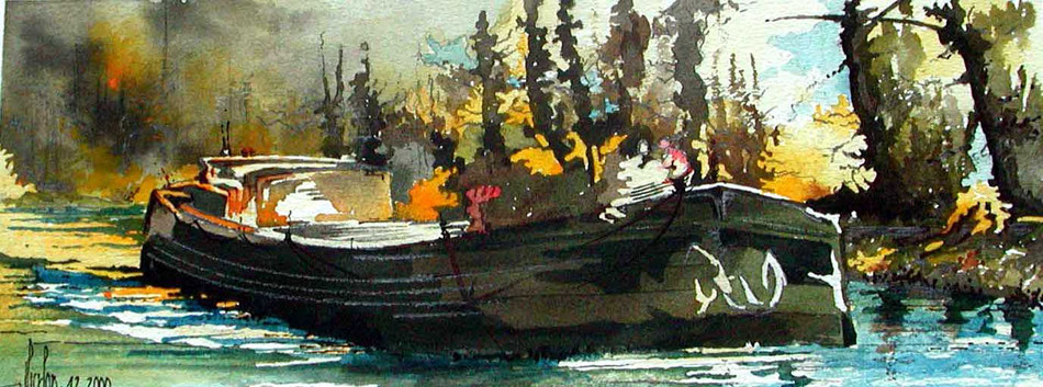 19 Péniche - 2000 - Aquarelle 24 x 50