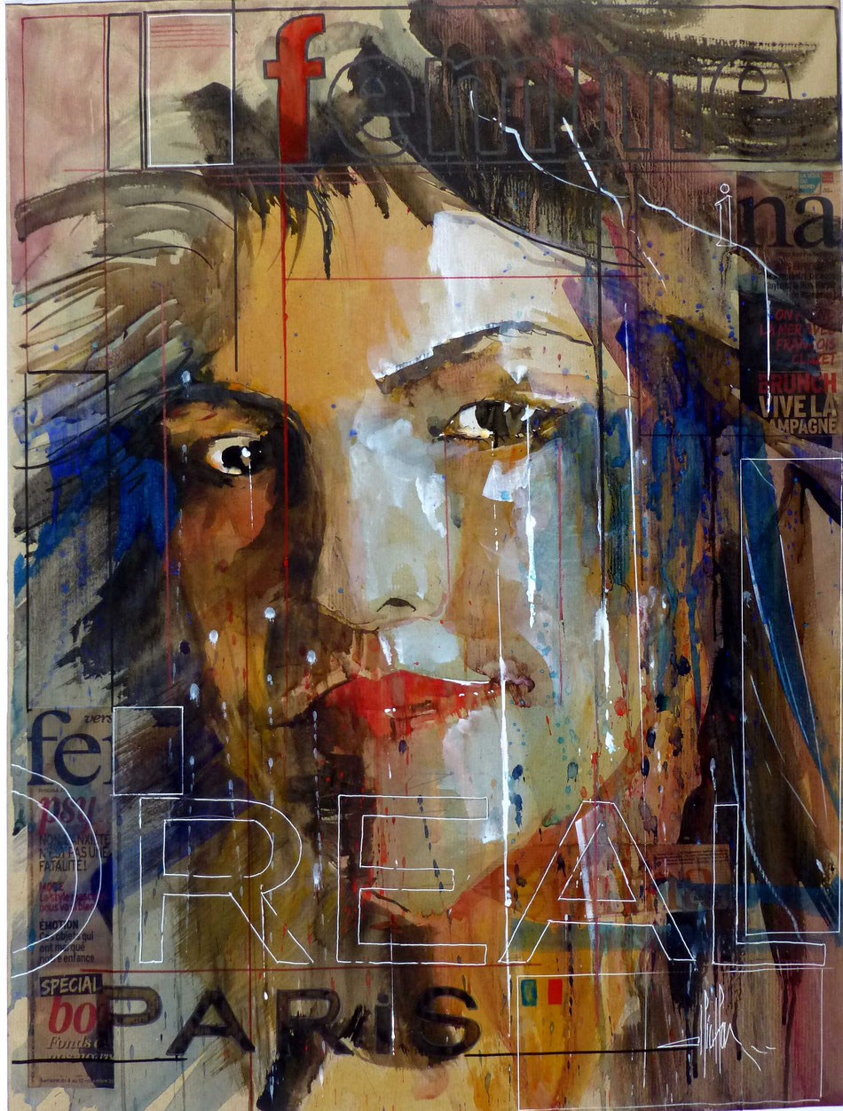 312 France Portrait 01 - 2014 - Aquarelle, collage et brou de noix sur papier kraft 60 x 80