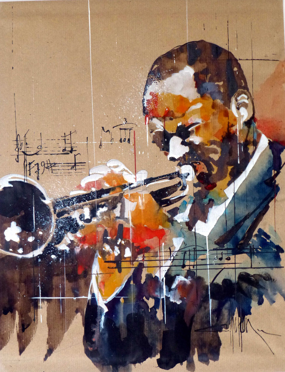 319 L'homme à la trompette - 2014 - Aquarelle et brou de noix 35 x 45